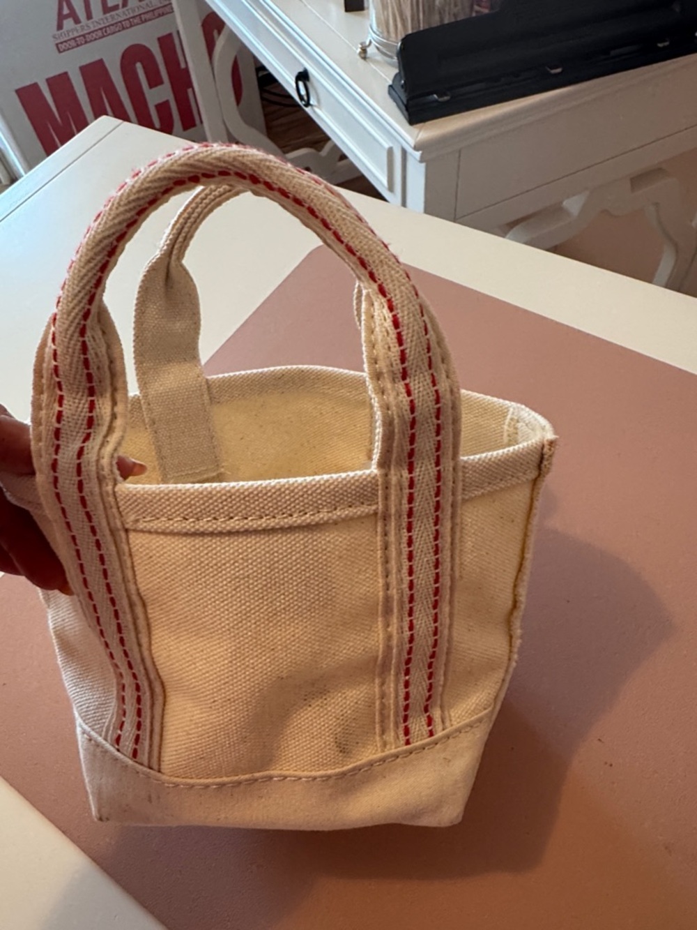 L.L. Bean Cream Canvas Tote with Red-Trim Handles